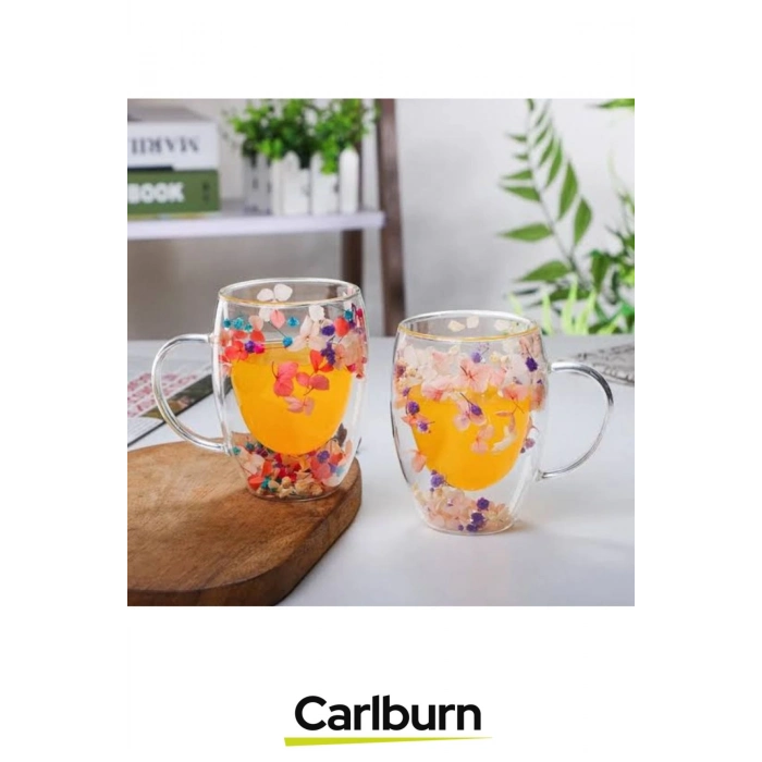 Özel El Yapımı Sıcak Soğuk Dayanıklı Süslü Organik Çiçekli Borosilikat Cam Handmade Bardak 350ml