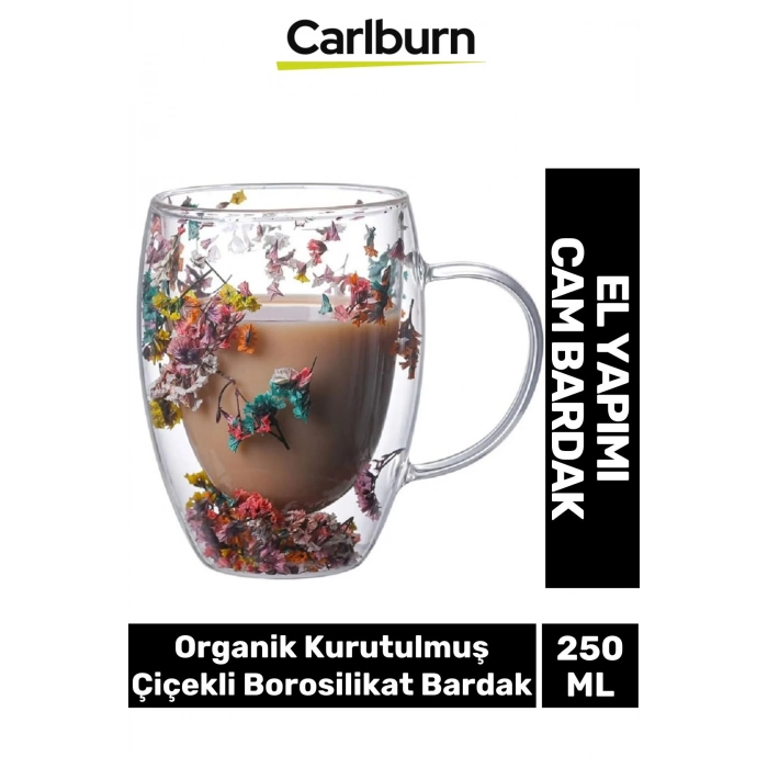 Özel El Yapımı Sıcak Soğuk Dayanıklı Süslü Organik Çiçekli Borosilikat Cam Handmade Bardak 250ml