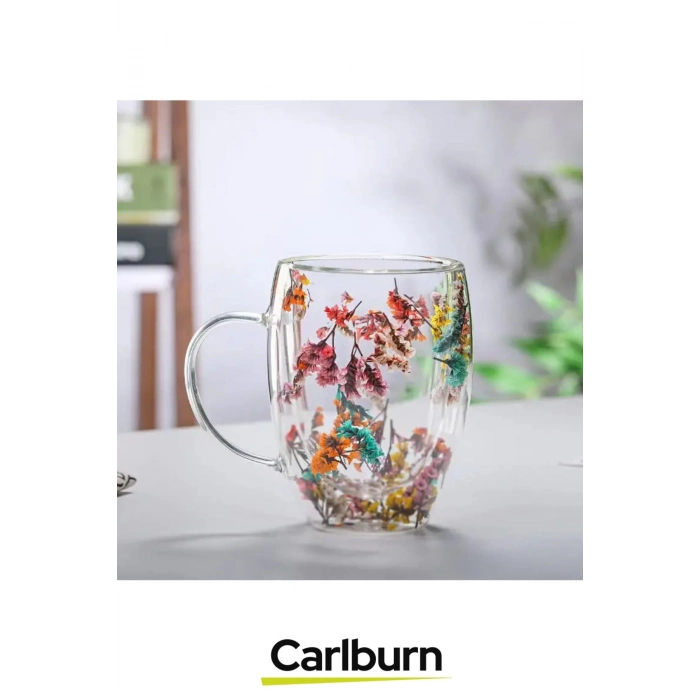 Özel El Yapımı Sıcak Soğuk Dayanıklı Süslü Organik Çiçekli Borosilikat Cam Handmade Bardak 250ml