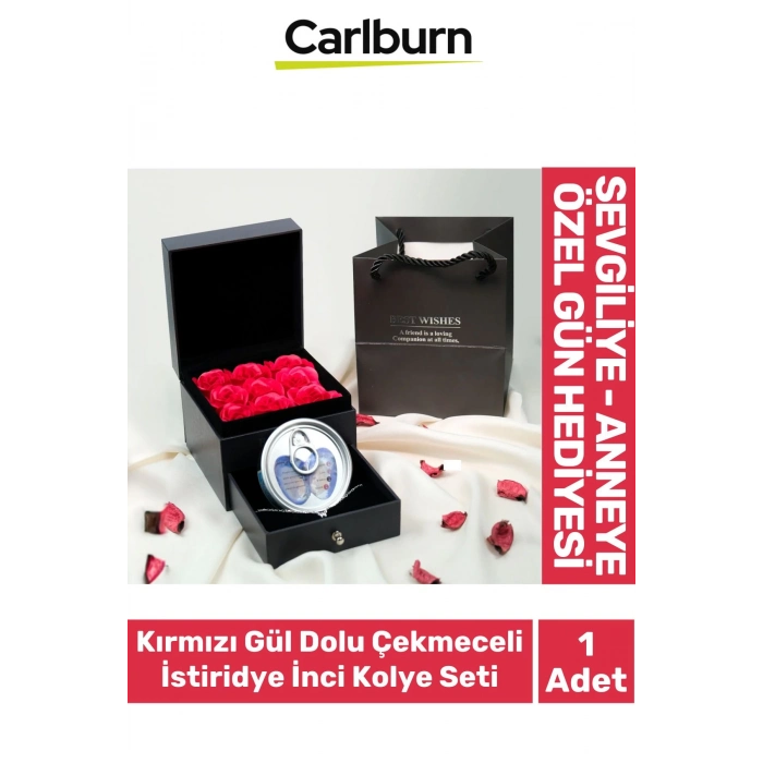 Özel Gün Hediye Sevgiliye Anneye Arkadaşa Kırmızı Gül Dolu Çekmeceli Kutu İstiridye İnci Kolye Seti