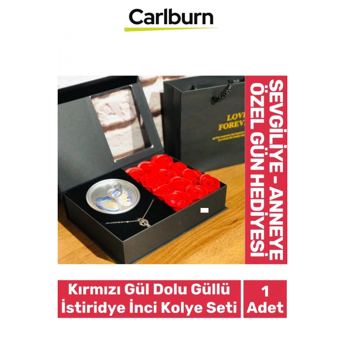 Özel Gün Hediye Sevgiliye Anneye Arkadaşa Kırmızı Gül Dolu Kutulu İstiridye İnci Kolye Seti