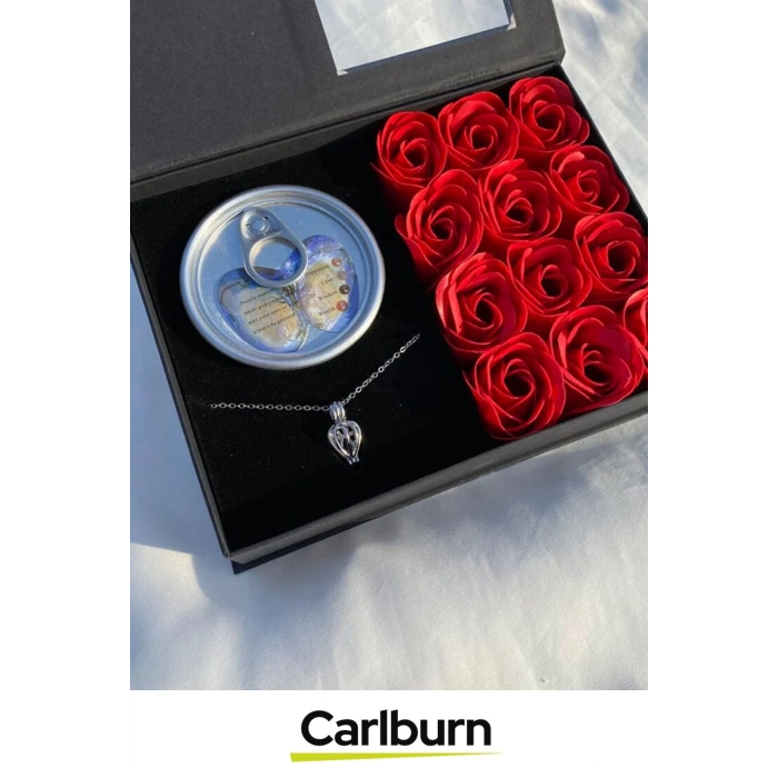 Özel Gün Hediye Sevgiliye Anneye Arkadaşa Kırmızı Gül Dolu Kutulu İstiridye İnci Kolye Seti