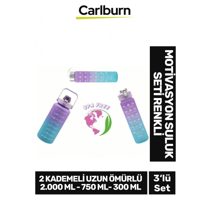 Dayanıklı 2 Kademeli Uzun Ömürlü BPA İçermeyen Canlı Renkli Matara 3lü Motivasyon Suluk Seti