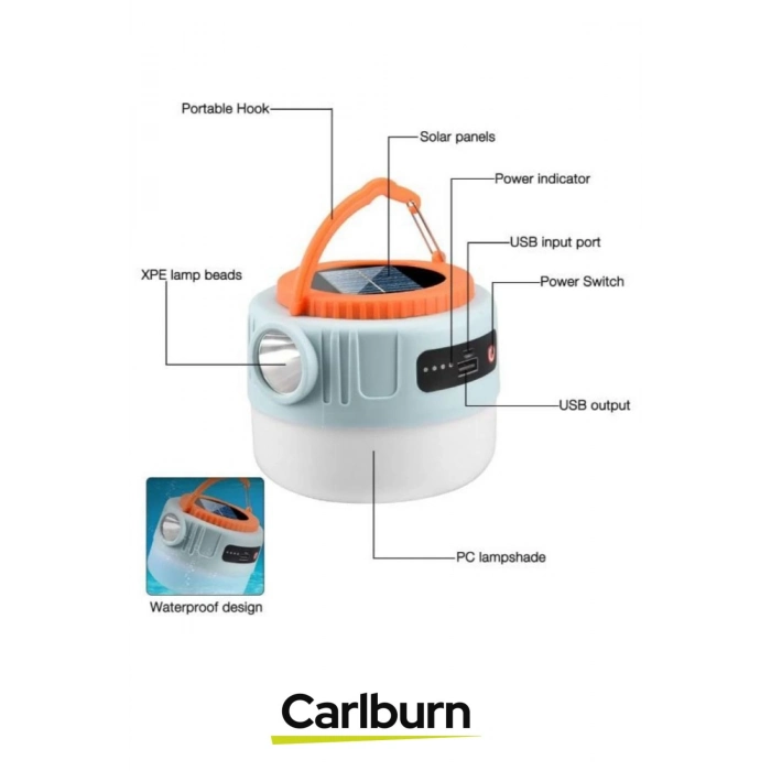 Su Geçirmez 1200 mAh 3 Modlu 10 Parlaklık Kademeli Solar Led Kamp Balık Av Çadır Lambası