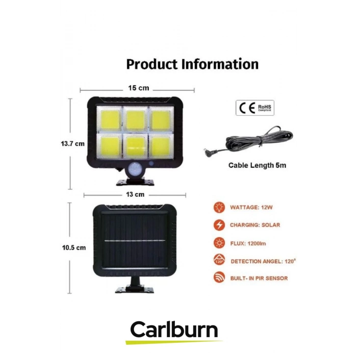 Su Geçirmez Uzun Ömürlü 12W Aydnlatma 5 Metre Mesafeli 3 Modlu Hareket Sensörlü Solar Lamba