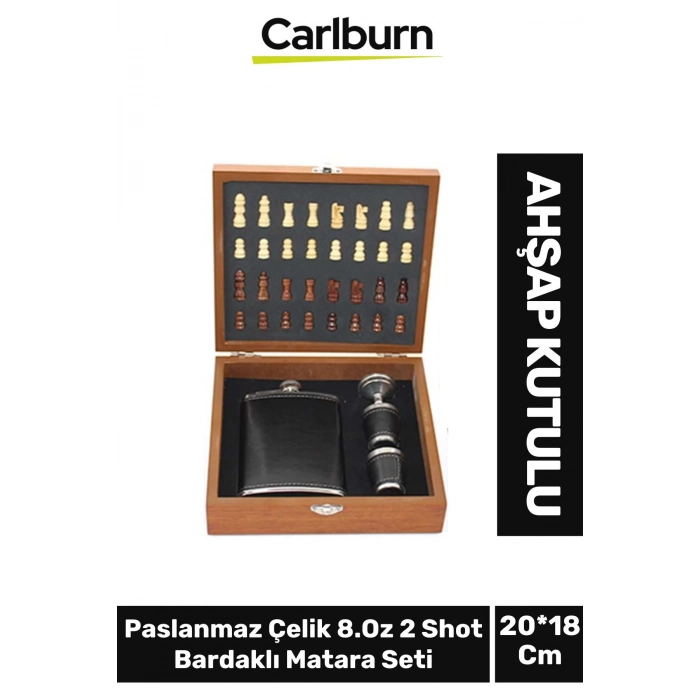 Premium Paslanmaz Çelik 8.Oz 2 Shot Bardaklı Ahşap Kutulu Satrançlı Alkol Deri Matara Seti 20*18 Cm