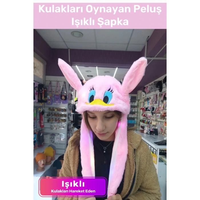 Özel Üretim Kışlık Sevimli Zarif Rahat Hareketli Kulakları Kalkan Oynayan Peluş Işıklı Şapka
