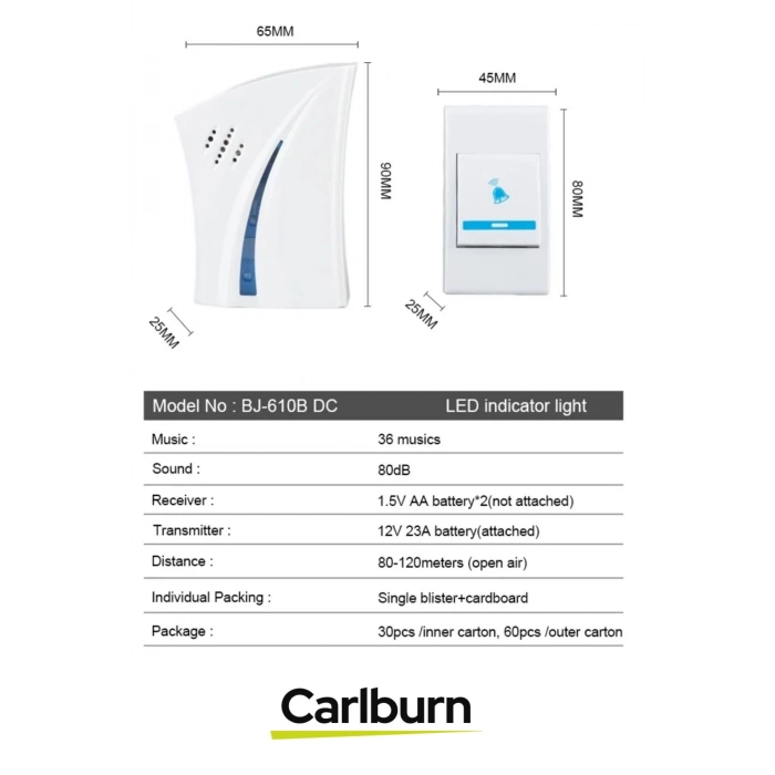 Lüks Pilli 12w Kolay Monte Edilen 100 Metre Uzaktan Kumandalı 24 Melodi Kablosuz Kapı Zili
