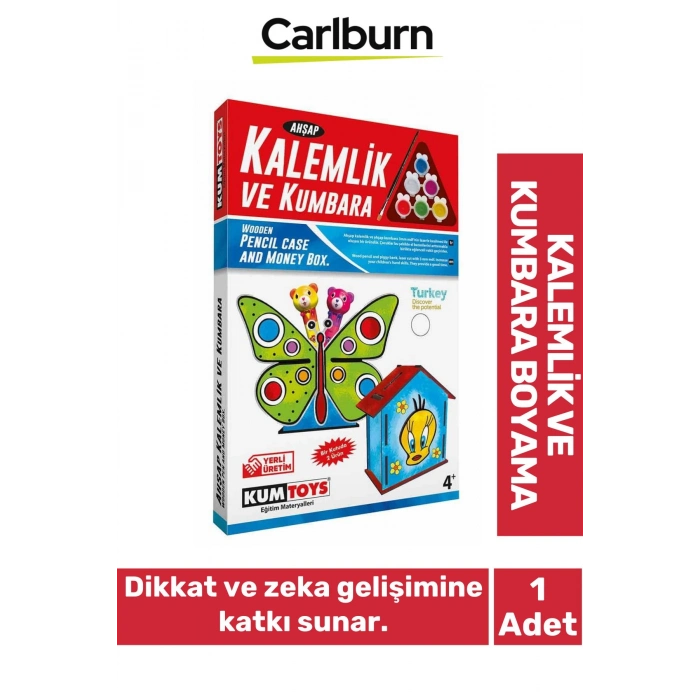 Yeni Üretim 3mm MDF Malzeme 6 Adet Akrilik Boya Fırça Hediyeli Ahşap Kalemlik Kumbara 2li Seti