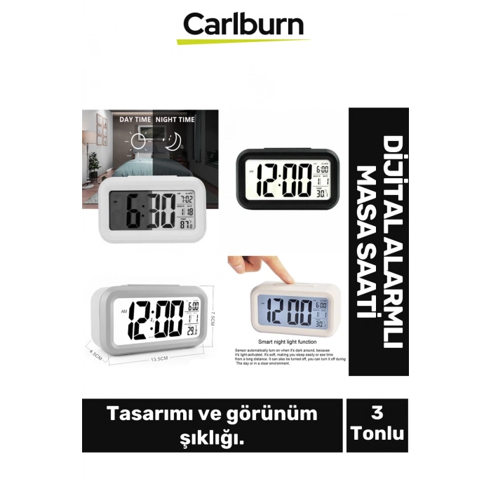 Özel Üretim Dekoratif Işık Sensörlü Dijital Tarih Oda Sıcaklığı 3 Farlı Ton Alarmlı Masa Çalar Saat