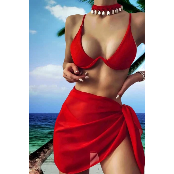 Yeni Sezon Bağlamalı İç Gösteren Transparan Kısa Tül Yazlık Mayo Üstüne 3 Renk Pareo Plaj Elbisesi