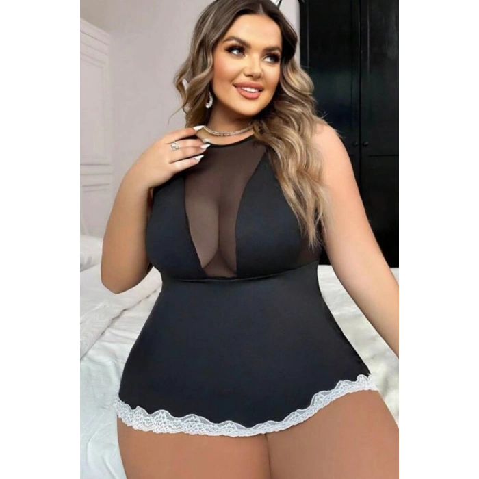 Zarif Şık Kadın Transparan Siyah Önü Tül Fantezi Büyük Beden Gecelik