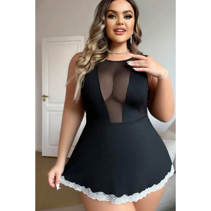 Zarif Şık Kadın Transparan Siyah Önü Tül Fantezi Büyük Beden Gecelik