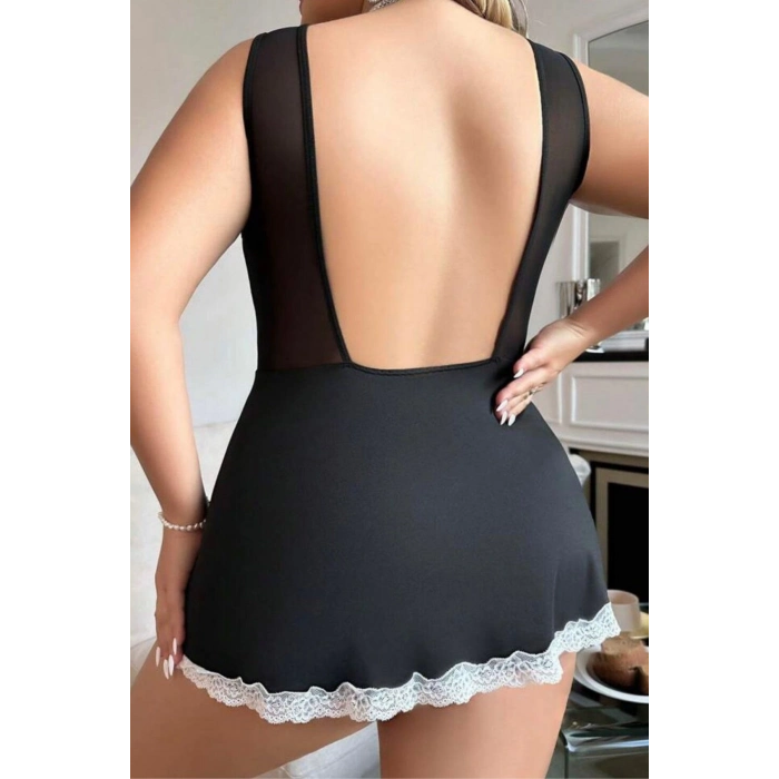 Zarif Şık Kadın Transparan Siyah Önü Tül Fantezi Büyük Beden Gecelik