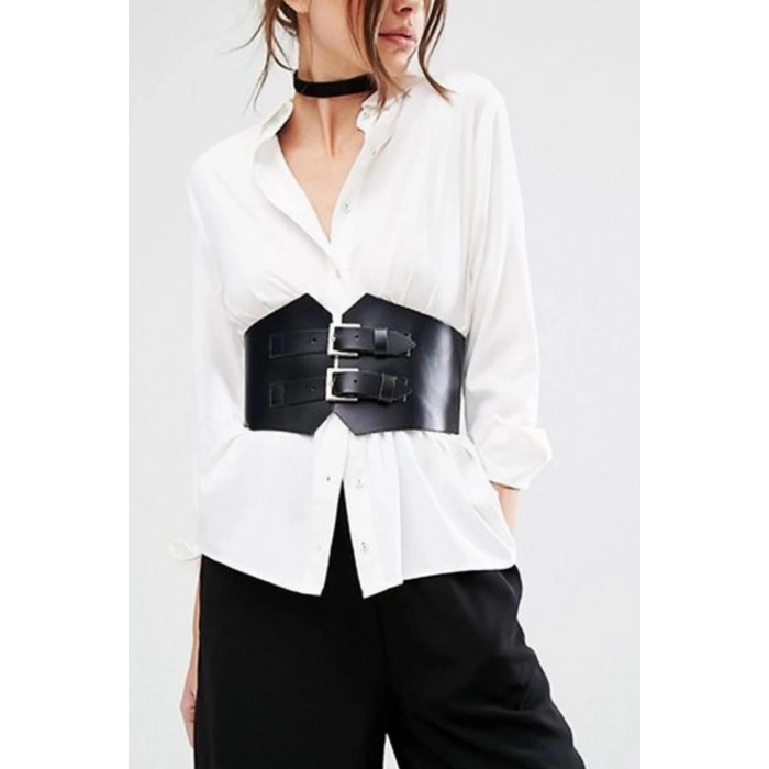 Özel Üretim Elbise Kıyafet Üstüne Önden Arkadan Toka Bağlamalı Ayarlı Şık Suni Deri Kemer