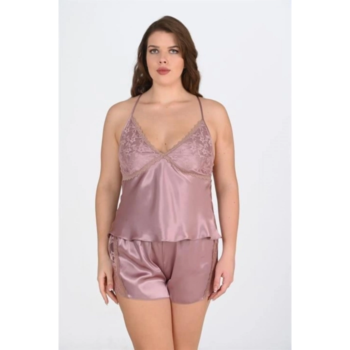 Yeni Sezon Saten 2 Parça Erotik Dantel Detaylı Rahat Şık Kadın Büyük Beden Şort Pijama Takımı