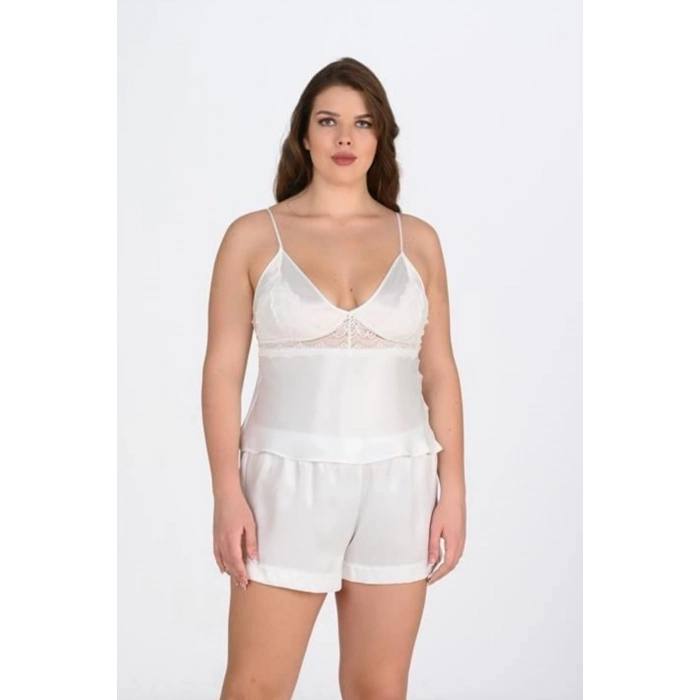 Yeni Sezon Saten 2 Parça Erotik Dantel Detaylı Rahat Şık Kadın Büyük Beden Şort Pijama Takımı