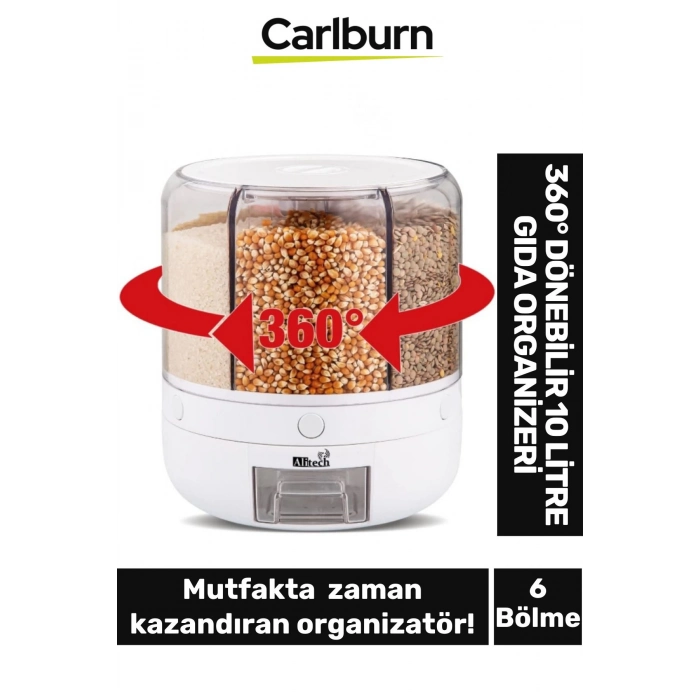 Özel Üretim Pratik Depolama Baharat Bakliyat 6 Bölmeli 360° Dönebilir 10 Litre Gıda Organizeri