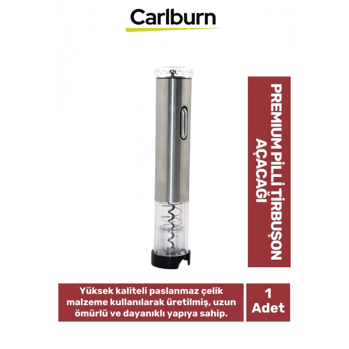 Premium Paslanmaz Çelik Kararmaz Mantar Şarap Kapak Açıcı Pilli Tirbuşon Açacağı 24*5 Cm