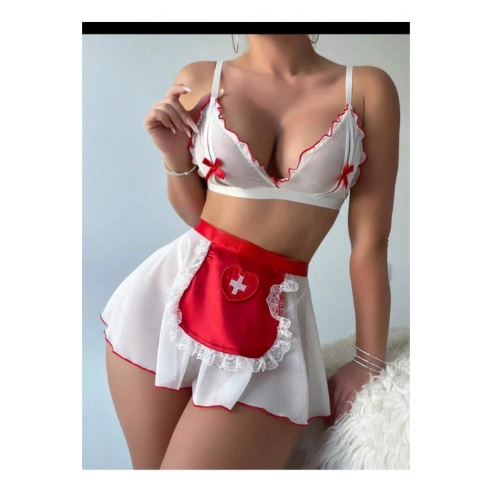 Yeni Seri Fantezi Erotik Seksi Hastane Beyaz Kenarları Dantel İşlemeli Sütyen Etek Hemşire Kostümü