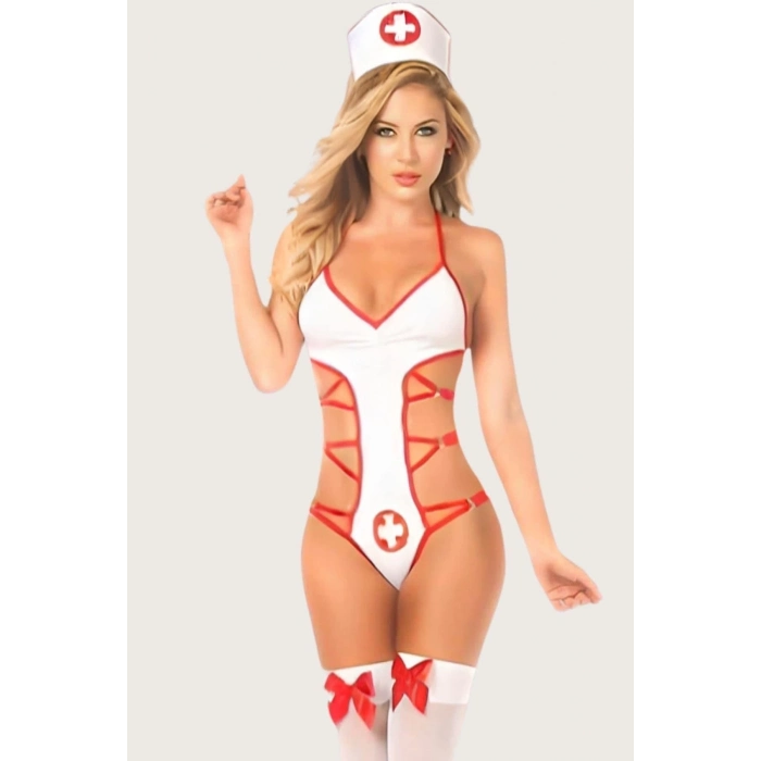 Özel Tasarım Kadın Büyüleyici Zarif Şık Fantezi Jartiyer Çoraplı Hemşire Kostümü