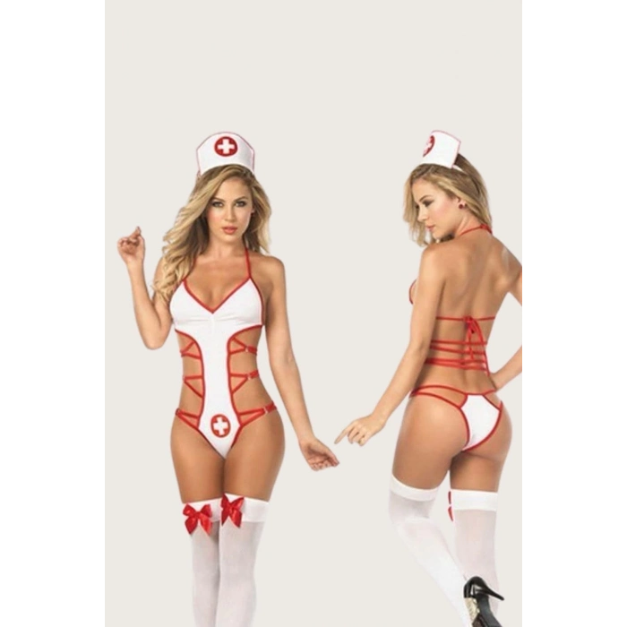 Özel Tasarım Kadın Büyüleyici Zarif Şık Fantezi Jartiyer Çoraplı Hemşire Kostümü