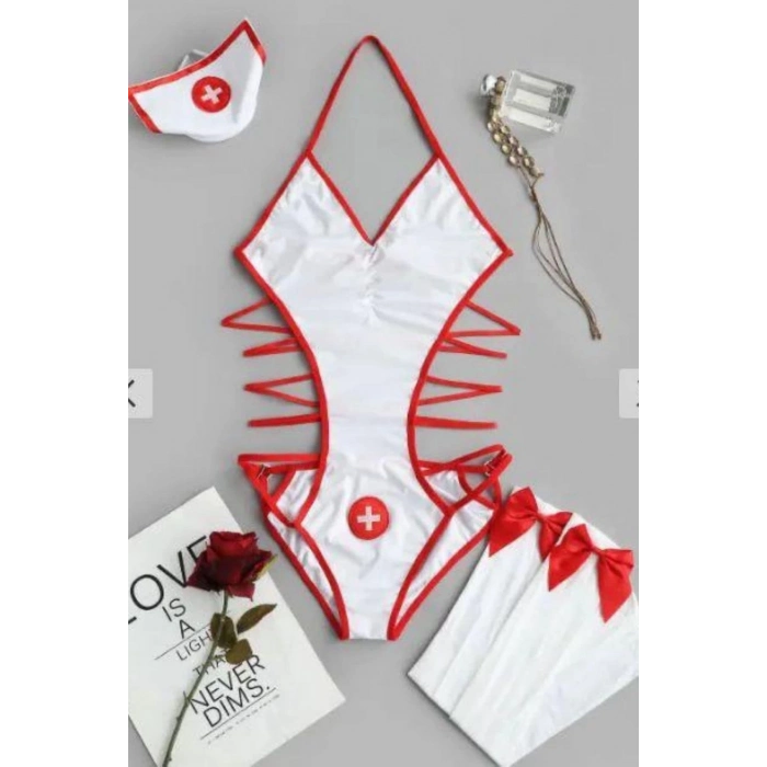 Özel Tasarım Kadın Büyüleyici Zarif Şık Fantezi Jartiyer Çoraplı Hemşire Kostümü