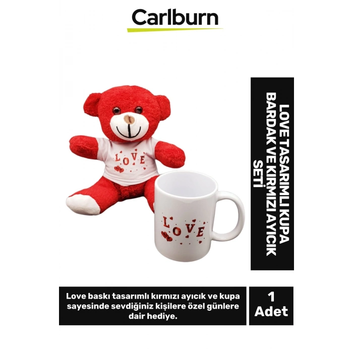 Özel Tasarım Sevgiliye Arkadaşa Hediye Sevgi Aşk Love Tasarımlı Kupa Bardak Kırmızı Ayıcık Seti