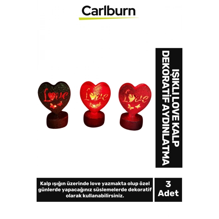 Özel Üretim Hediye Gece Masa Yatak Odası Aydınlatma Sevgi Aşk Temalı Işıklı Love Kalp 3lü Set