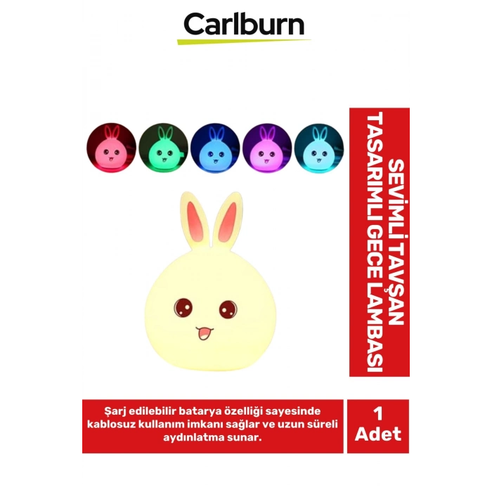 Yumuşak Silikon Çocuk Odası Dekoratif Sevimli Tavşan Tasarımlı Şarjlı Renkli Masa Gece Lambası