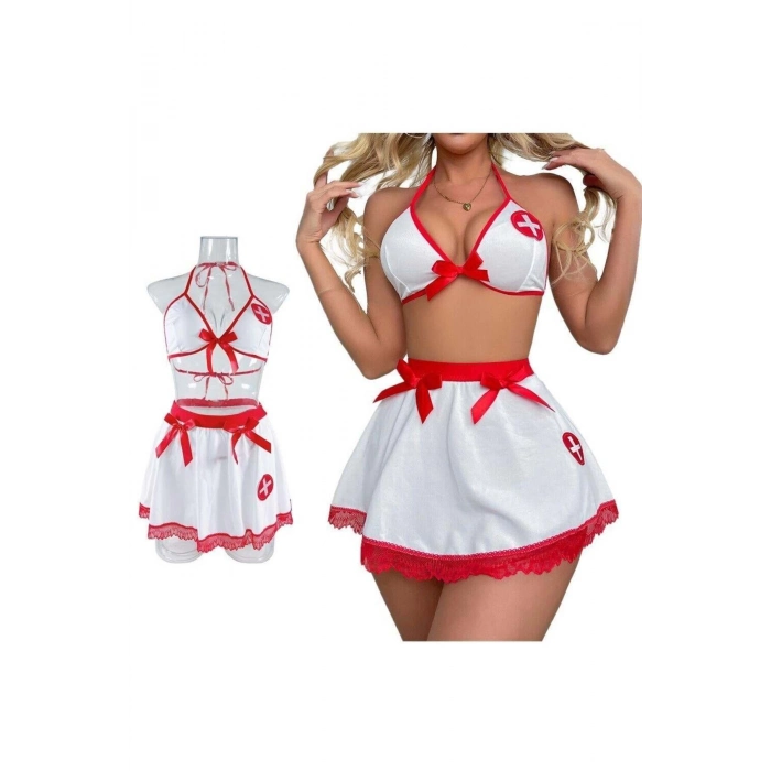 Özel Tasarım Erotik Kadın Seksi Büyüleyici Zarif Cezbedici Fantezi Kırmızı Beyaz Hemşire Kostümü