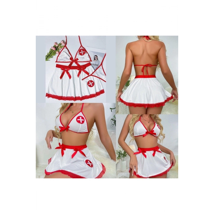 Özel Tasarım Erotik Kadın Seksi Büyüleyici Zarif Cezbedici Fantezi Kırmızı Beyaz Hemşire Kostümü