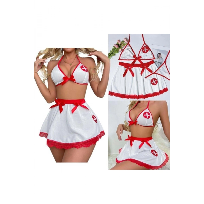 Özel Tasarım Erotik Kadın Seksi Büyüleyici Zarif Cezbedici Fantezi Kırmızı Beyaz Hemşire Kostümü
