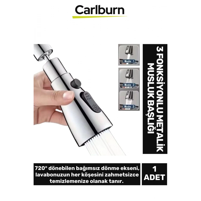 Premium 720 Derece Dönebilen Kaliteli Şık Lavabo Mutfak Banyo 3 Fonksiyonlu Metalik Musluk Başlığı