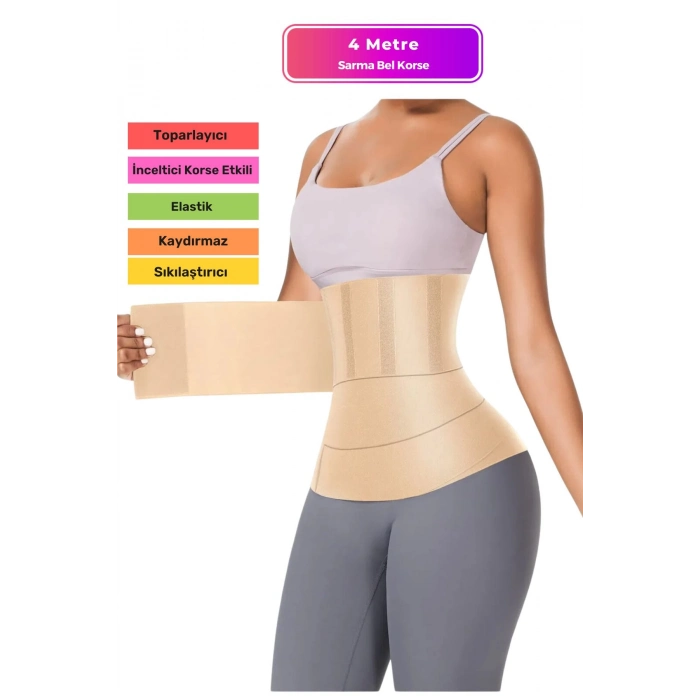 Özel Üretim İnceltici Zayıflatıcı Bele Dolamalı Kum Saati Görüntüsü Veren 4 Metre Sarma Bel Korsesi