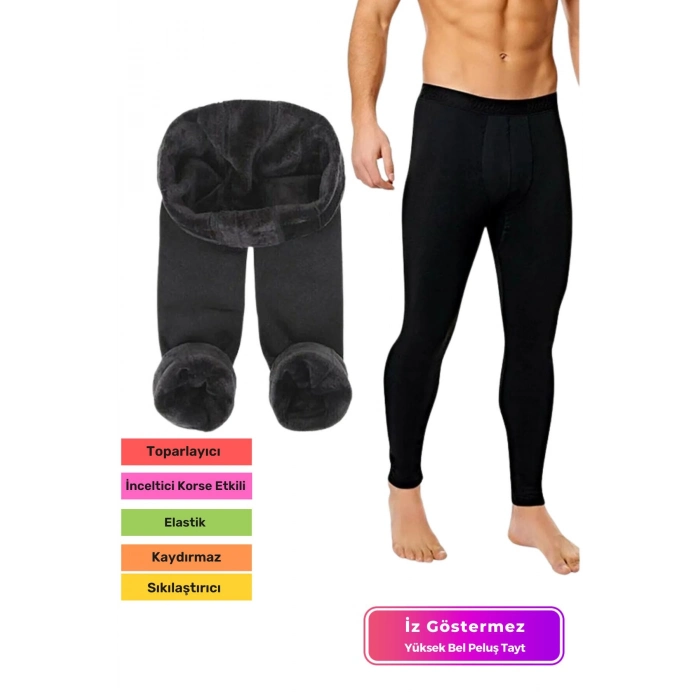 Özel Üretim Beli Sıkmaz Geniş Lastikli Rahat Kış Sıcak Tutan Yumuşak Pürüzsüz Siyah Erkek Peluş Tayt