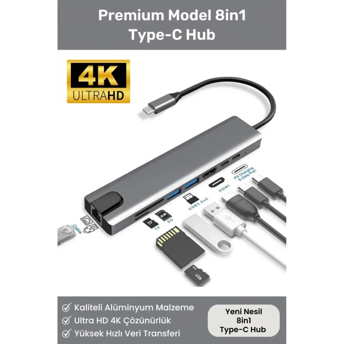 8 Girişli Macbook Pro Air Usb Type-c Hub Dönüştürücü Çevirici Çoklayıcı Usb Hdmi Micro SD 8in1