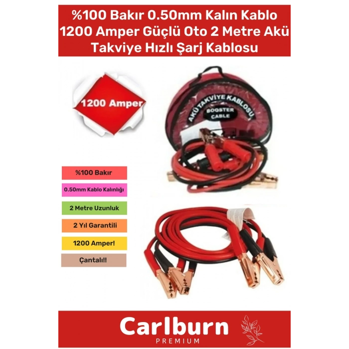 %100 Bakır 0.50mm Kalın Kablo 1200 Amper Güçlü Oto 2 Metre Akü Takviye Hızlı Şarj Kablosu Uyumlu