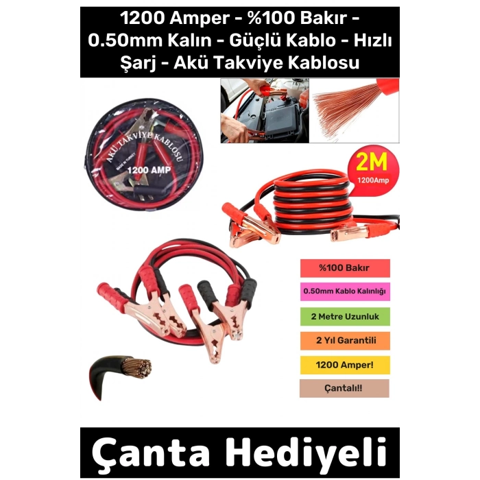 Çantalı 1200 Amper Oto %100 Bakır 0.50mm Kalın Kablo Güçlü Hızlı Şarj Akü Takviye Aktarım Kablosu