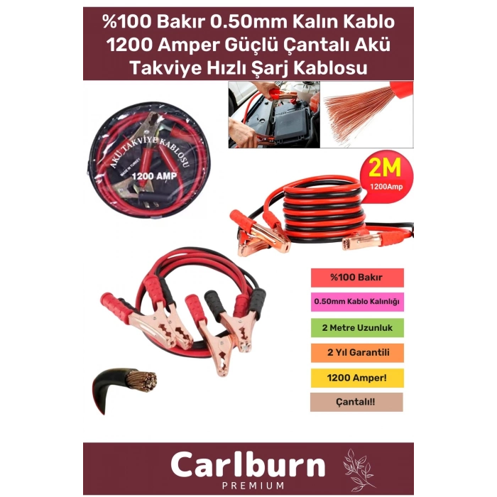 1. Kalite Çantalı Oto %100 Bakır 0.50mm Kalın Kablo 1200 Amper Güçlü Hızlı Şarj Akü Takviye Kablosu