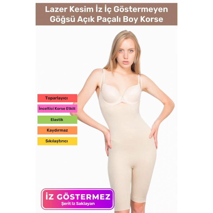 Premium Lazer Kesim İz İç Göstermeyen Kaymaz Toparlayıcı Şekillendirici Göğsü Açık Paçalı Boy Korse