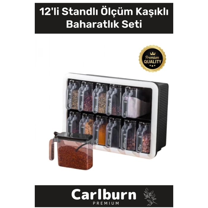 Premium Modern Pratik Bölmeki Şeffaf Mutfak Tezgah 12li Standlı Ölçü Kaşıklı Plastik Baharatlık Seti