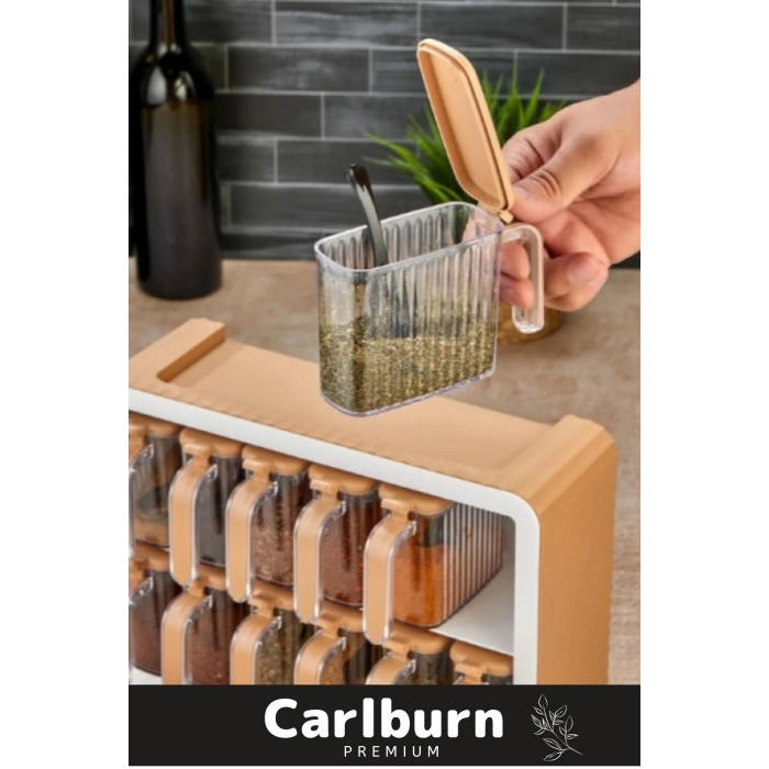 Premium Modern Pratik Bölmeki Şeffaf Mutfak Tezgah 12li Standlı Ölçü Kaşıklı Plastik Baharatlık Seti