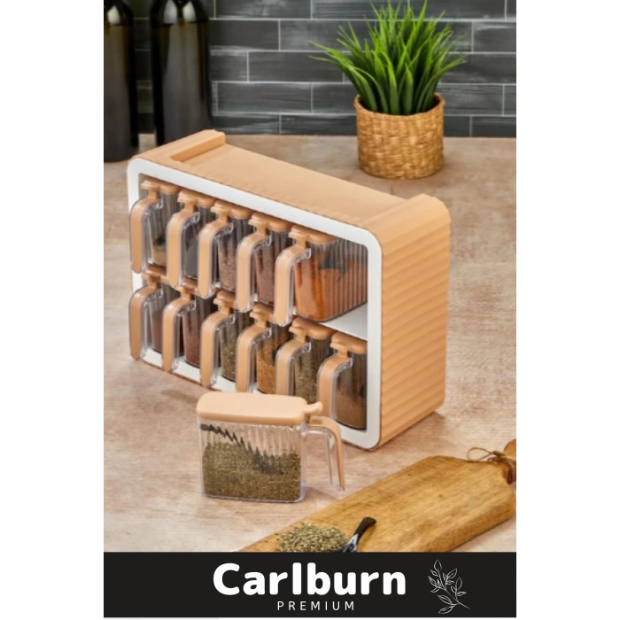 Premium Modern Pratik Bölmeki Şeffaf Mutfak Tezgah 12li Standlı Ölçü Kaşıklı Plastik Baharatlık Seti