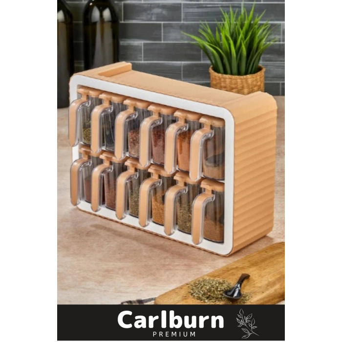 Premium Modern Pratik Bölmeki Şeffaf Mutfak Tezgah 12li Standlı Ölçü Kaşıklı Plastik Baharatlık Seti