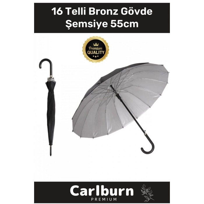 Özel Üretim Otomatik Mekanizma Baston Tip Rüzgar Korumalı Fiber 16 Telli Bronz Gövde Şemsiye 55cm