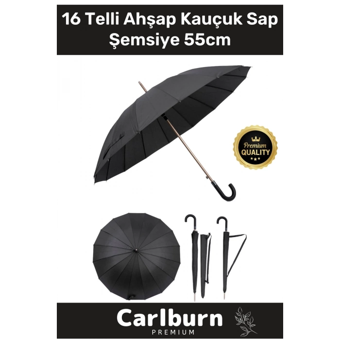 Premium Otomatik Mekanizma Baston Tip Rüzgar Korumalı Fiber 16 Telli Ahşap Kauçuk Sap Şemsiye 55cm