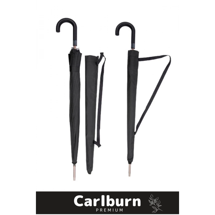 Premium Otomatik Mekanizma Baston Tip Rüzgar Korumalı Fiber 16 Telli Ahşap Kauçuk Sap Şemsiye 55cm