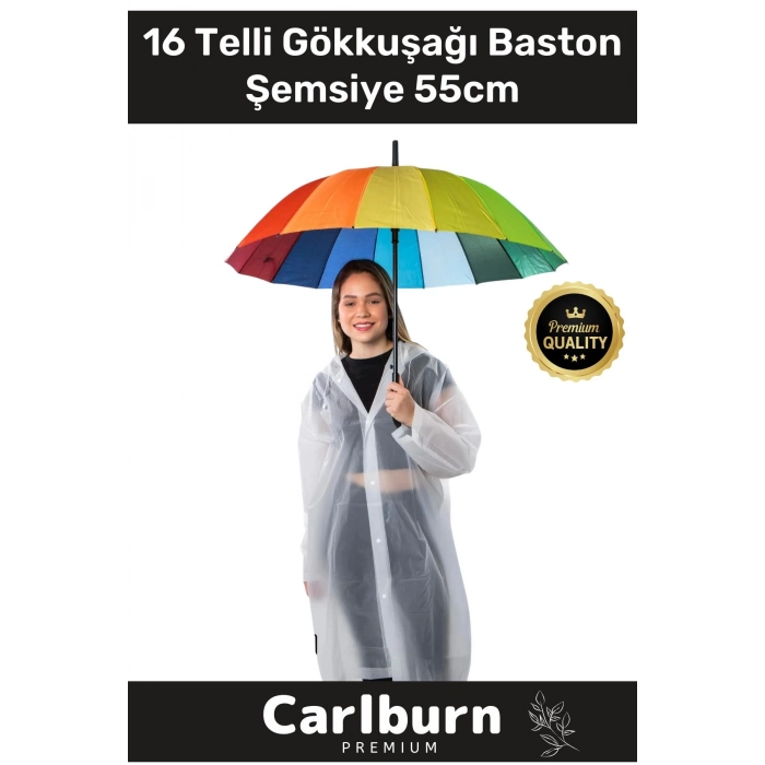 Premium Otomatik Mekanizma Baston Tip Rüzgar Korumalı Fiber 16 Telli Gökkuşağı Baston Şemsiye 55cm