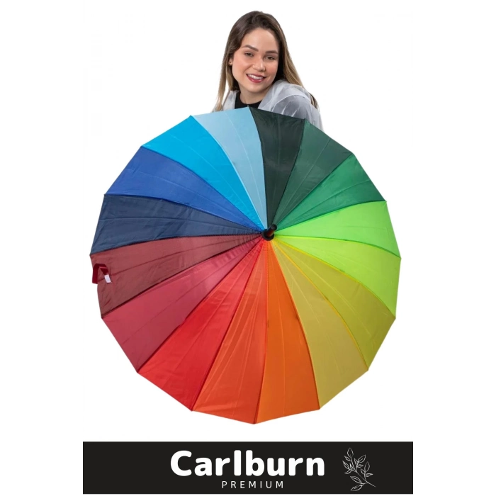 Premium Otomatik Mekanizma Baston Tip Rüzgar Korumalı Fiber 16 Telli Gökkuşağı Baston Şemsiye 55cm